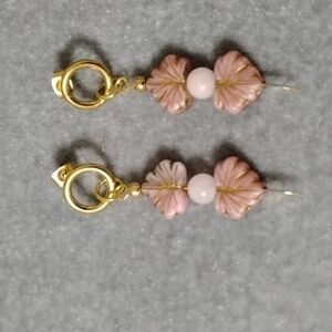 Hand Crafted Pink And Gold Czech Glass Leaves With Rose Quartz Stud Earrings